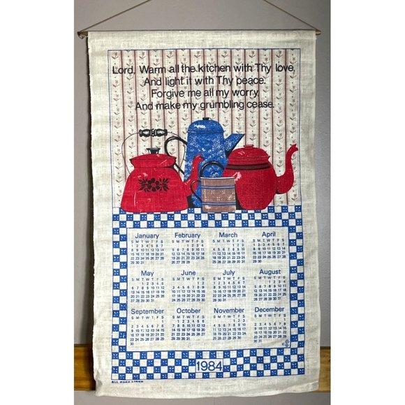 Other - 1984 Linen Calendar Teapots Red Blue Cloth Prayer Towel Wall Hanging Vintage